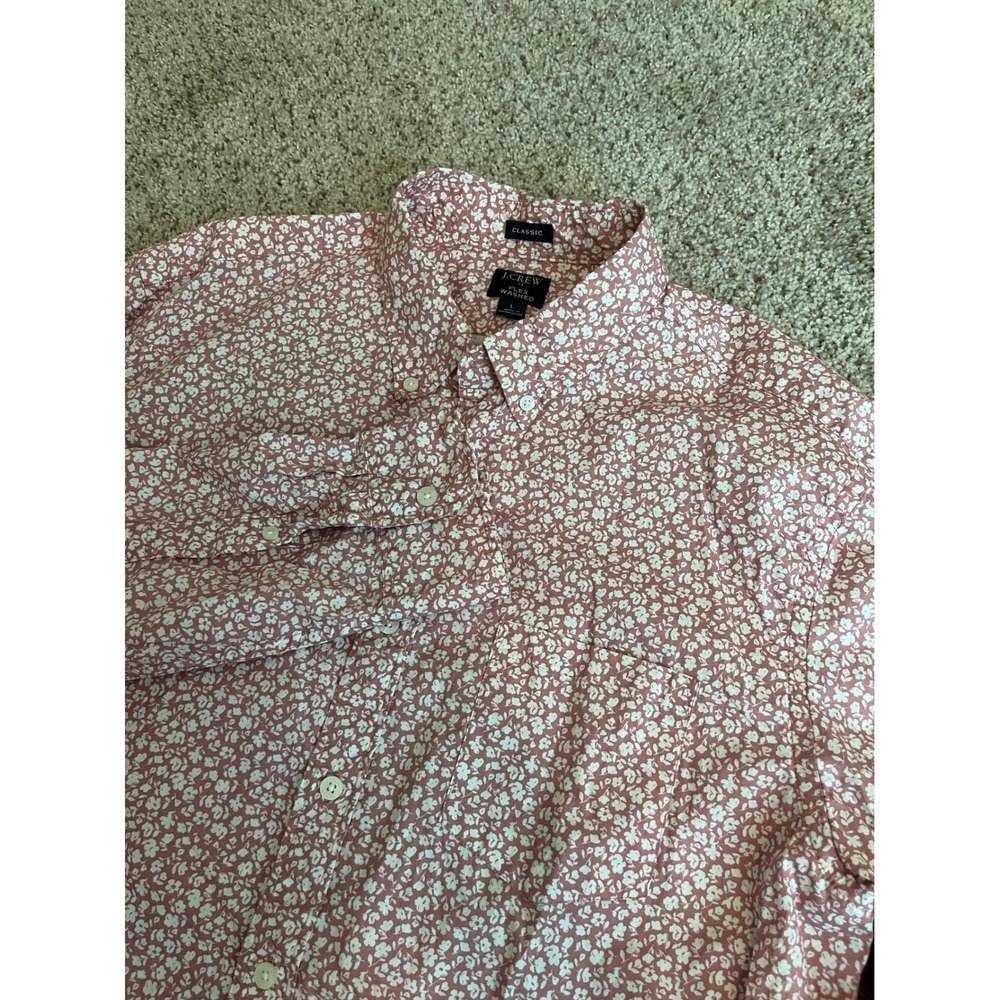 J. Crew Mens Button Down Shirt Large Pink Floral Flex Washed Classic Fit Stretch